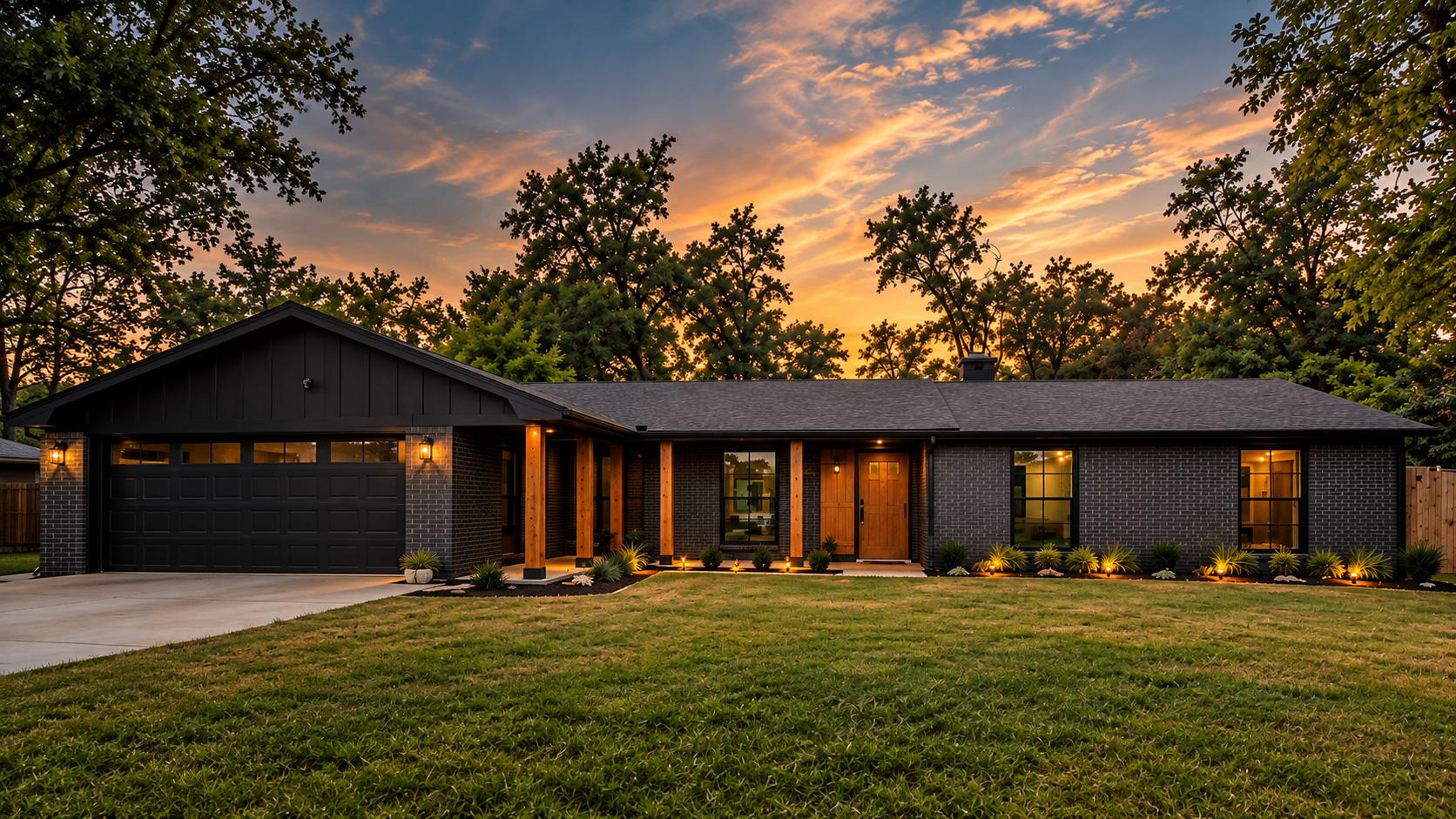 Brick ranch home with timber porch at dusk (architectural presentation image)